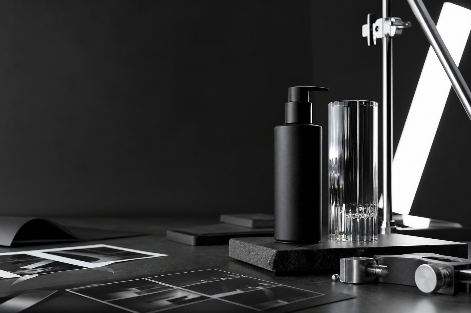 Black pump bottle and ribbed glass on a stone plinth, surrounded by studio lights and photographic prints